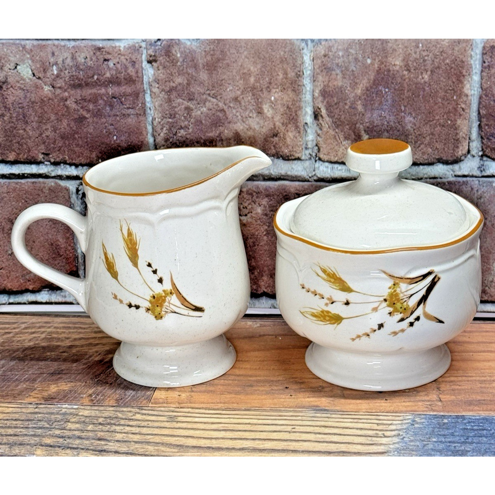 Vintage 1970s Sangostone Autumn Wheat Creamer & Sugar bowl w‎ Lid Set Korea